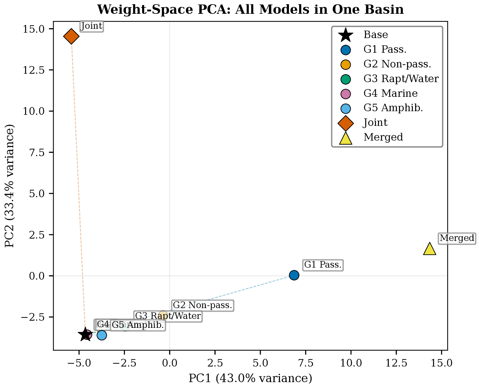 PCA of fine-tuned encoder weights showing modular structure.